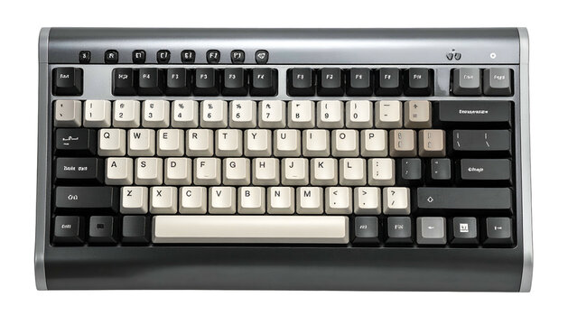 Top-down view of a mechanical keyboard with silver frame, beige and black keycaps, and a variety of function keys