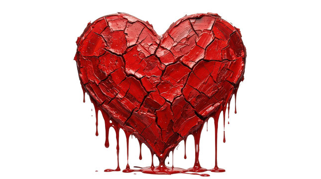 Cracked red heart shape with dripping paint isolated on transparent background