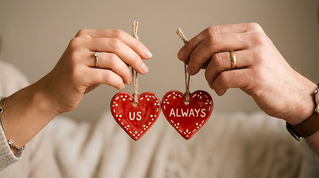Hands of man and woman holding us always red heart ornaments for engagement or wedding anniversary concept.