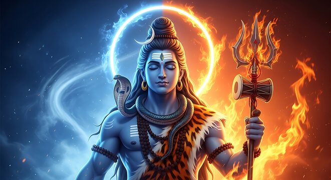 Lord shiva with trishula and damaru in a duality of fire and ice background
