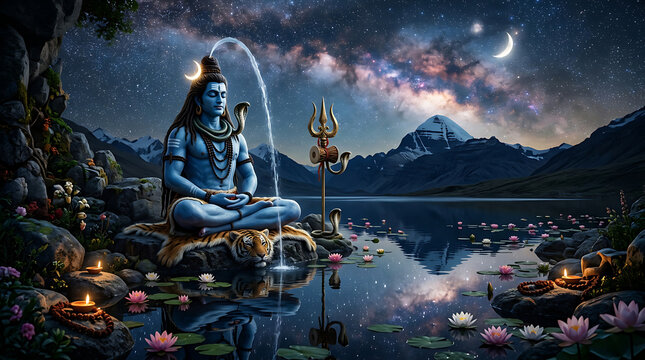 Lord shiva meditating by lake manasarovar under a starry night sky