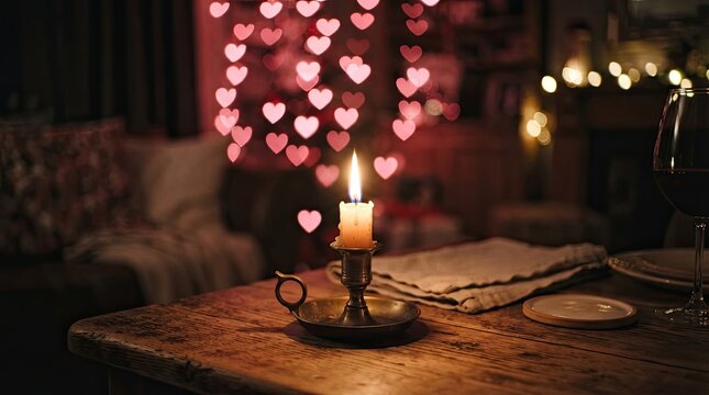 A warmly lit, intimate scene depicts a romantic dinner setting.