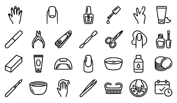 Nail manicure and hand care monoline icon set for beauty salon and nail design