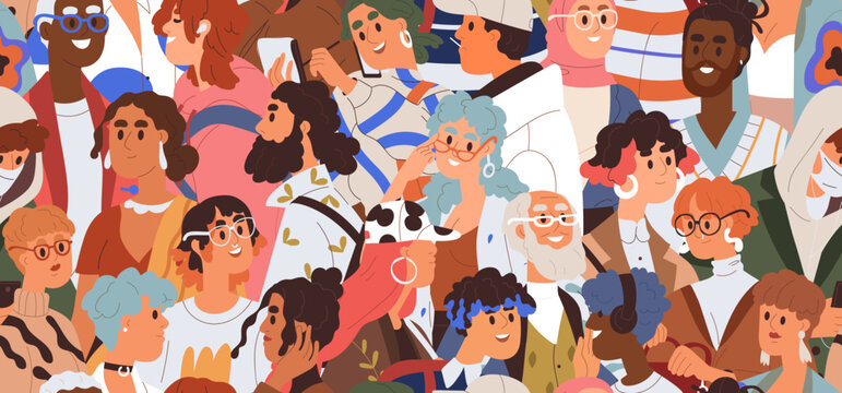 People, seamless pattern, endless background. Diverse male and female characters crowd, repeating print. Many different men and women, texture. Flat vector illustration for textile, wrapping design.