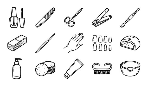 Nail manicure tools and hand care hand drawn outline vector icon collection