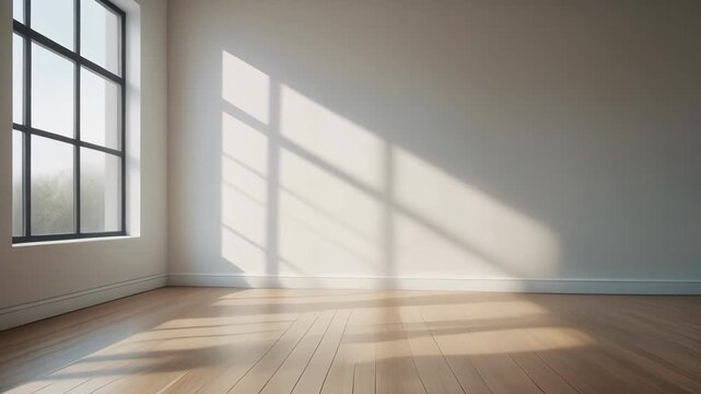 Sunlight streaming into an empty room with wooden floor.