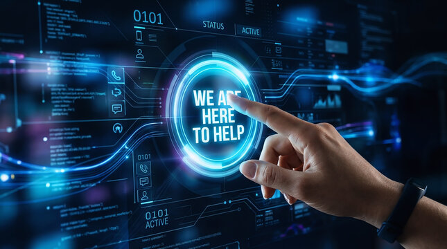 Hand touching a futuristic glowing digital touchscreen interface displaying 'WE ARE HERE TO HELP' button with code, data dashboard, and HUD elements.