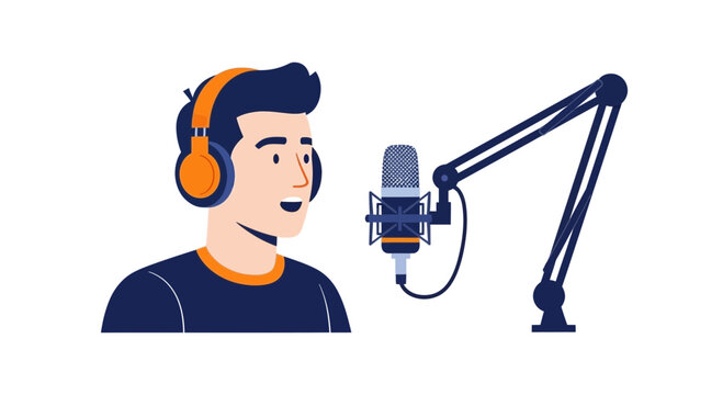 Professional Male Podcaster or Radio Host Speaking into Studio Microphone with Headphones. Flat Vector Illustration for Digital Content Creation and Media Production.