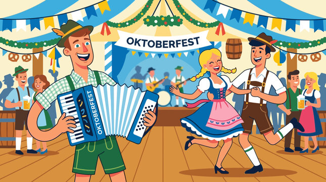 Lively illustration of a musician playing accordion while a couple in traditional Bavarian outfits dances at an Oktoberfest tent celebration.