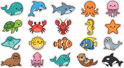 Set of cute sea animal stickers featuring diverse ocean creatures in flat kawaii cartoon vector style © Md Dulal