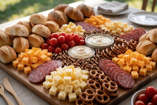 Festive charcuterie board offers cheese cubes, salami, nuts, pretzels, dips, cherry tomatoes and bread rolls for sharing. A generous spread perfect for guests and parties.
