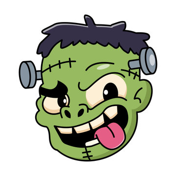 Playful flat cartoon green monster head with neck bolts, stitched skin, dark hair, a wink, and a goofy tongue-out grin, outlined boldly on white.