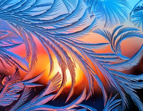 abstract frost patterns on a windowpane illuminated with warm and cool colors creating a vibrant artistic effect