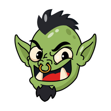 Playful flat cartoon green gremlin head with pointed ears, dark spiky hair, nose ring, small goatee, fangs, and a mischievous toothy grin on white.