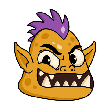 Playful flat cartoon orange troll head with a purple mohawk, pointed ears, thick brows, triangular teeth, and an angry toothy grin, outlined on white.