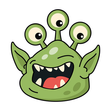 Playful green three-eyed monster head with eye stalks, pointed ears, wide mouth, sharp teeth, pink tongue, and a cheerful cartoon expression on white.