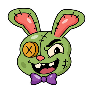 Playful green zombie bunny head with long pink ears, stitched facial marks, one button eye, purple bow tie, buck teeth, and a cheerful undead grin on white.