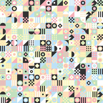 Retro Modern Mosaic Seamless Geometric Pattern Background in Pastel Pink, Sky Blue, Sage Green, Pale Yellow, and Black Geometric Tiles