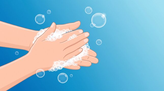 Washing hands with soap bubbles illustration, clean hands hygiene concept, medical healthcare poster on blue background