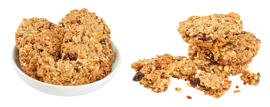 Granola cookie in ceramic bowl isolated on white background with full depth of field