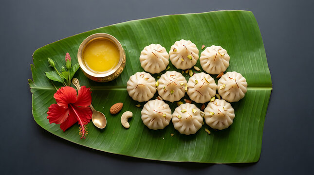 Traditional modak sweets served on a banana leaf with ghee and hibiscus flower