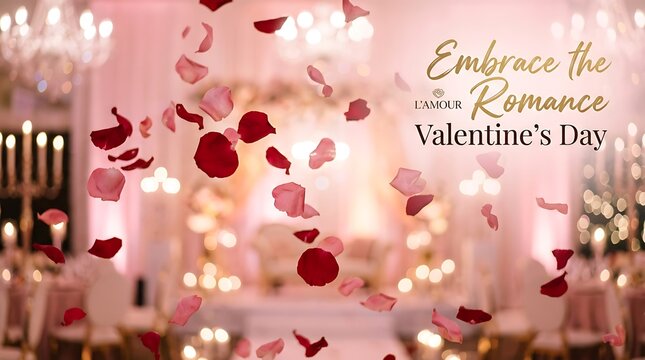 Romantic pink ballroom with falling rose petals and elegant gold typography for Valentine celebration events.