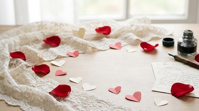 Handwritten love letter on vintage paper with ink pen and red rose petals surrounded by lace for romantic writing.