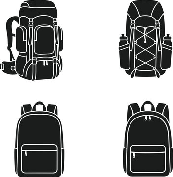Set of four black backpack travel bags, hiking rucksacks, school bags, and camping equipment silhouettes on a white background