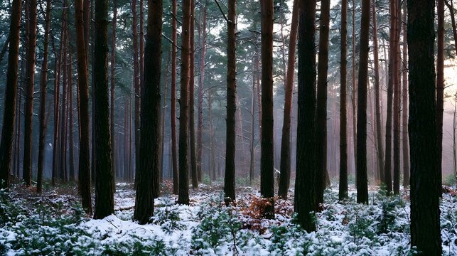 Tall pine trees stand in a quiet forest blanketed with fresh snow under soft morning light