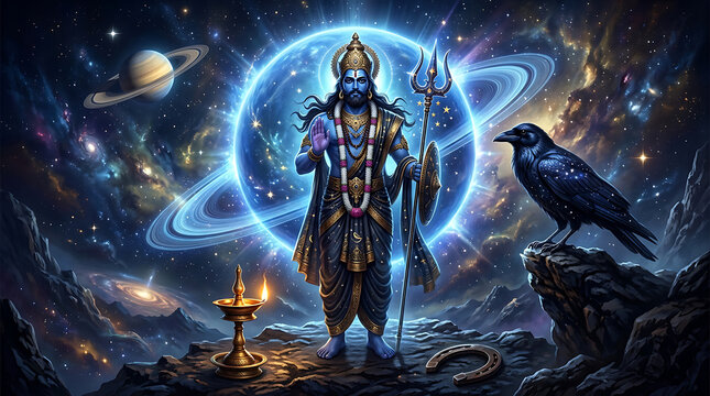 Shani dev cosmic representation with saturn and crow