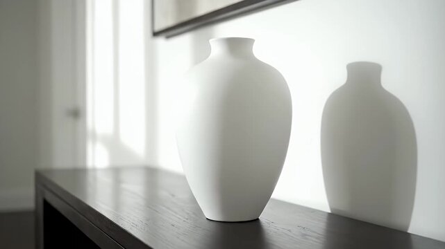 Modern white ceramic vase on black side table.