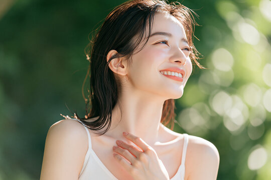 きらめく白い肌と爽やかな笑顔の日本人女性。みずみずしい緑の自然の背景。美容、スキンケア、オーラルケア、デンタルケア素材