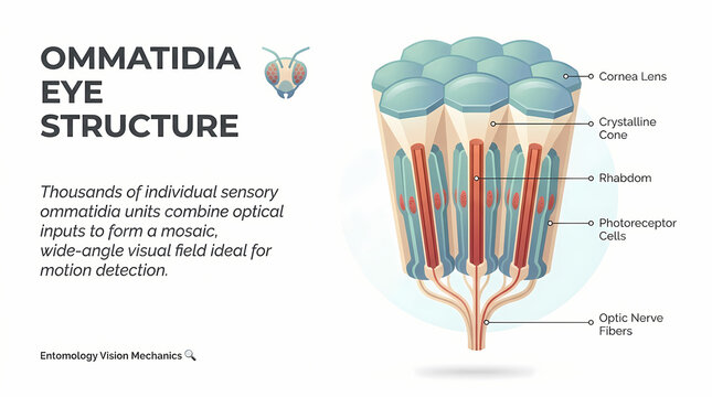 Detailed Infographic Showing Insect Compound Eye Structure and Ommatidia Units.