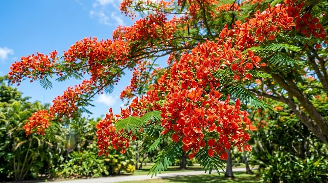 Vibrant royal poinciana flamboyant tropical red flowers blooming on branches during bright summer season royal poinciana flamboyant tropical red flower blooming colorful summer bloom blossom tree