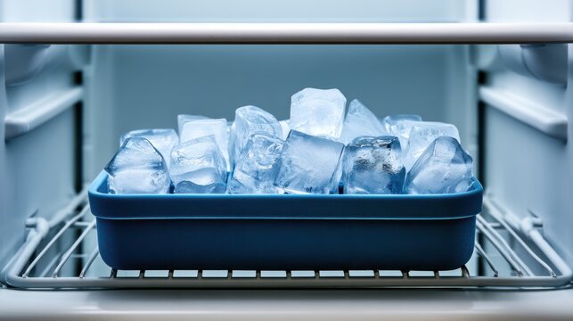 Tray filled with clear ice cubes inside a freezer, showcasing frozen water and cold storage.