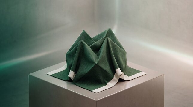 3d render of woven linen textile creases abstract background featuring deep forest green and...