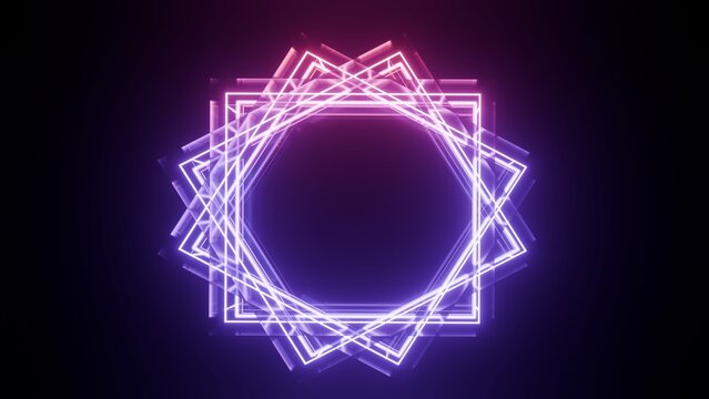 Abstract glowing neon geometric frame emblem with pink and purple light rays on dark background