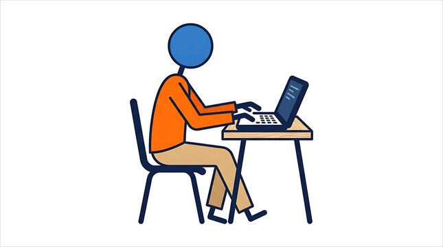 Simple outline vector illustration of a man sitting on a chair at a desk working on a laptop computer with blue and orange accents on white background.