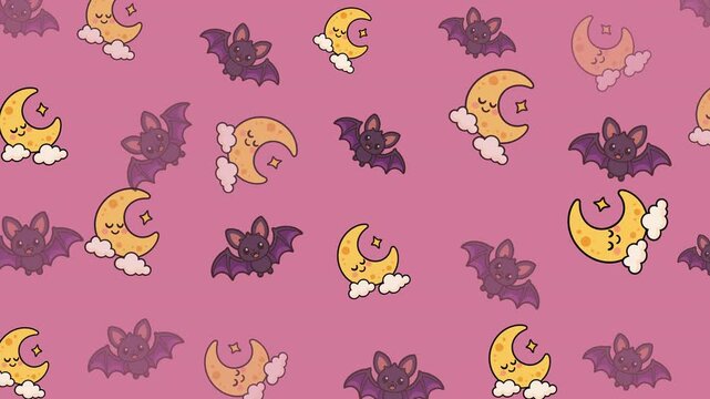 Cute sleepy crescent moon and bats on clouds, Halloween seamless loop pattern. Flat vector illustration with sparkles on pink background.