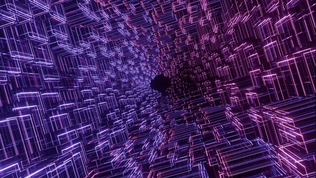 Abstract futuristic wireframe matrix tunnel with glowing purple and pink neon grid