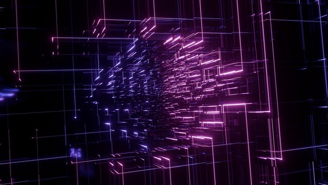 Abstract futuristic cybernetic tunnel with glowing purple and pink laser light lines