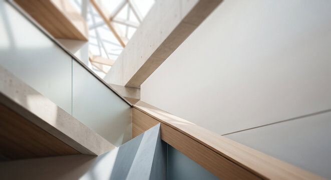 Abstract architectural background with intersecting wood beams, concrete planes, and frosted glass.