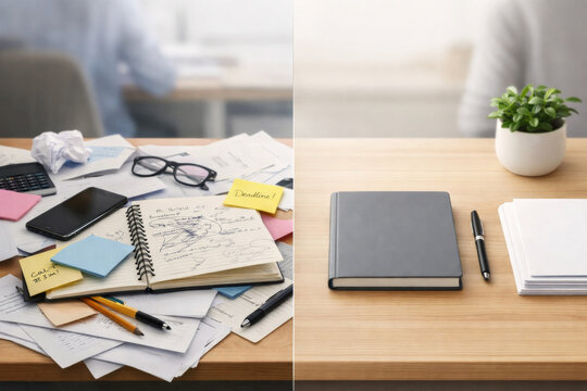 Anxious concept. Organized and chaotic workspace with notebook and plants contrast
