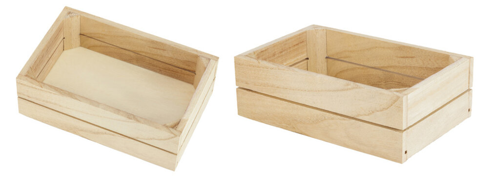 Empty wooden crate isolated on white background