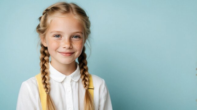 Smiling blonde girl with freckles and braided hair wears white shirt. Child looks innocently at camera on pastel blue studio background. She has yellow straps.