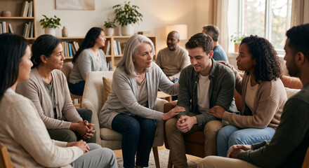 Fototapeta premium Diverse support group comforting a distressed young man during a mental health therapy session.
