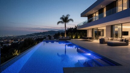 Fototapeta premium Modern luxury home features illuminated pool overlooking cityscape at dusk. Infinity pool with city view, palm tree, modern furniture, lounge area by house.