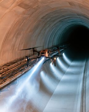 Drone with lights flying in concrete tunnel for infrastructure inspection using advanced technology