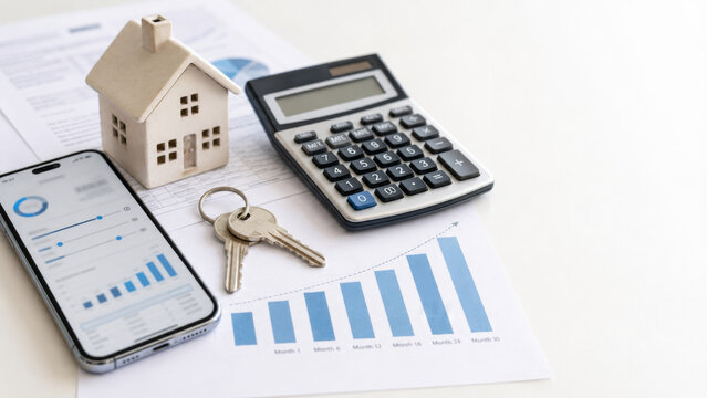 Mortgage rate data with smartphone, keys, calculator, house model on desk