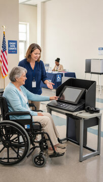 Elderly woman in wheelchair assisted by woman at accessible voting booth